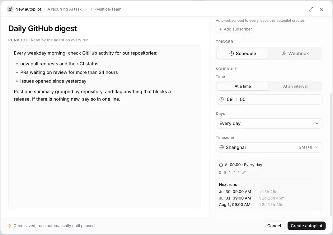 The autopilot editor: Runbook, schedule settings, and a preview of the next few runs
