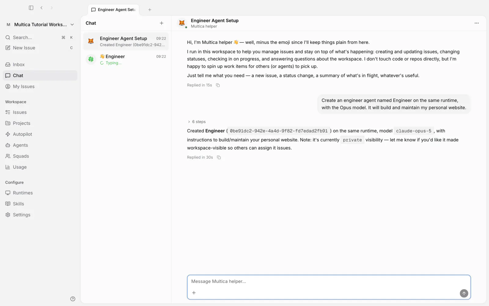 Asking the helper in chat to create Engineer