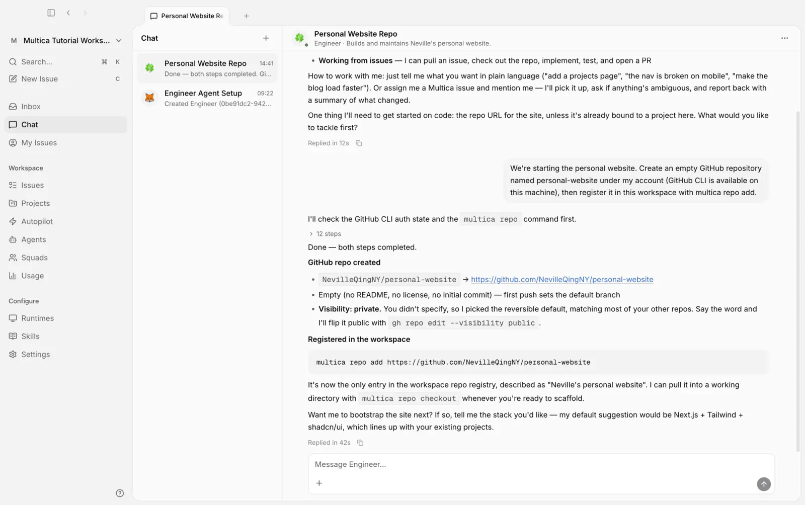 Chat: Engineer replies that the repository is created and registered