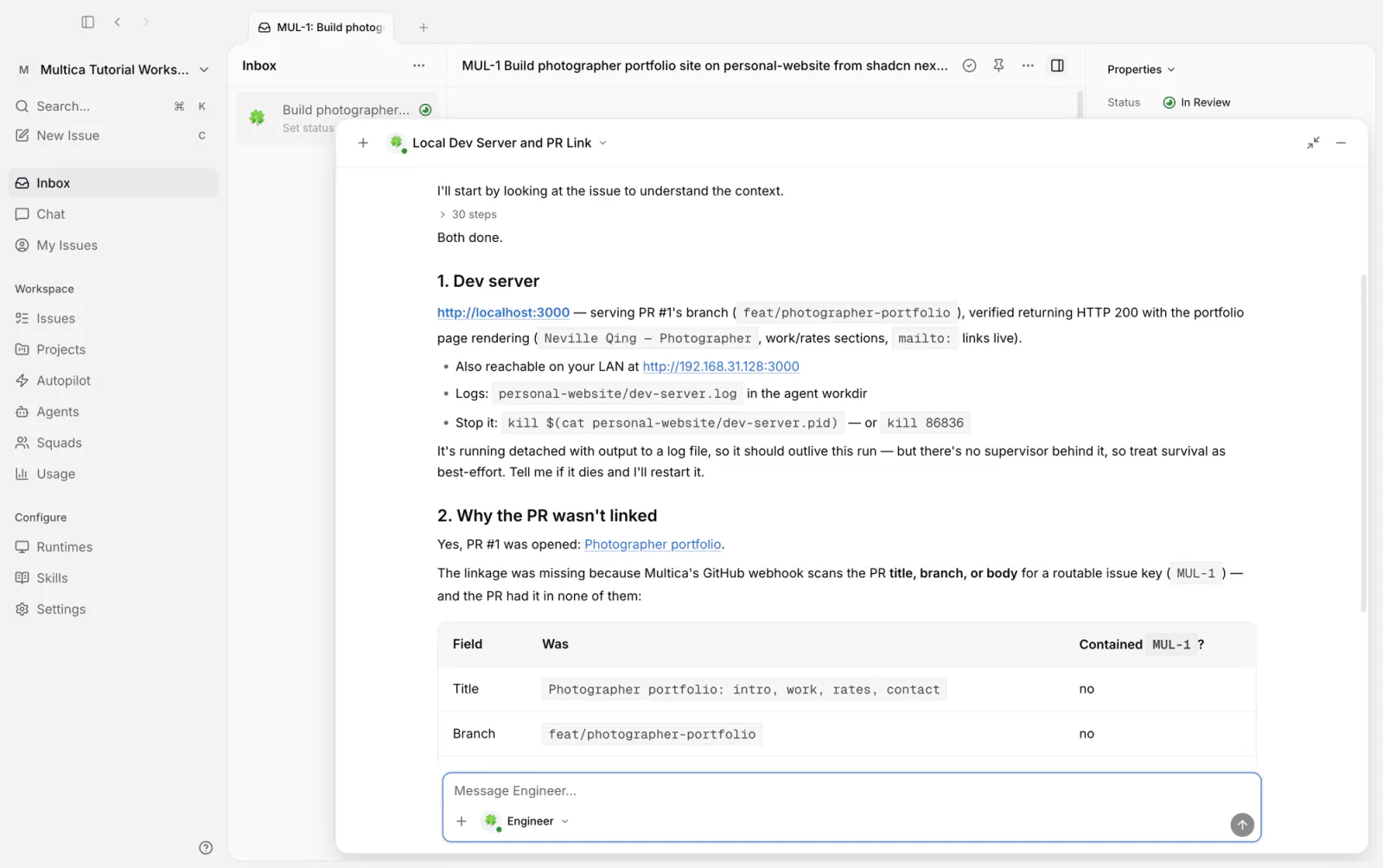 Engineer's reply: the local address and why the PR was not linked