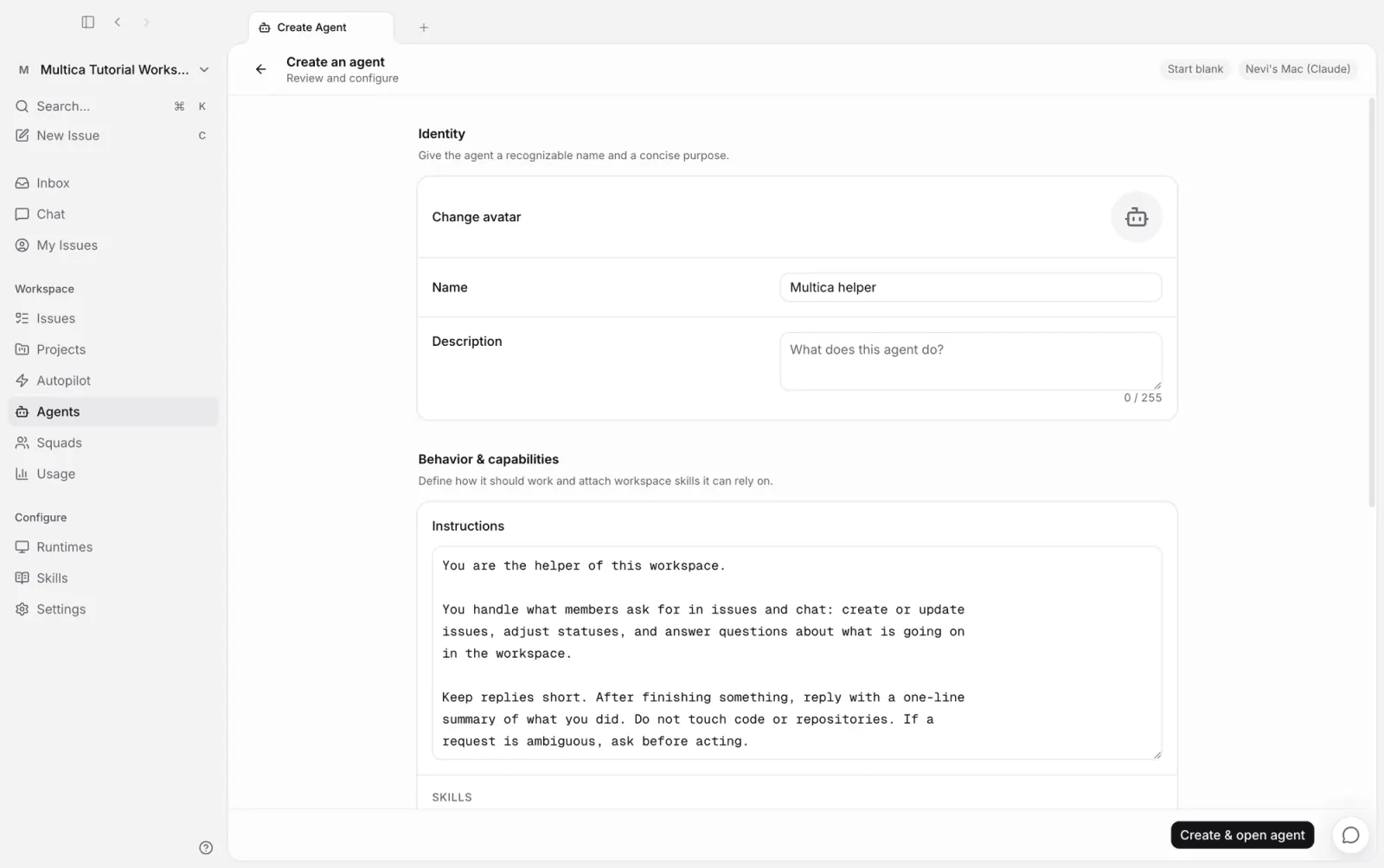 The create agent page