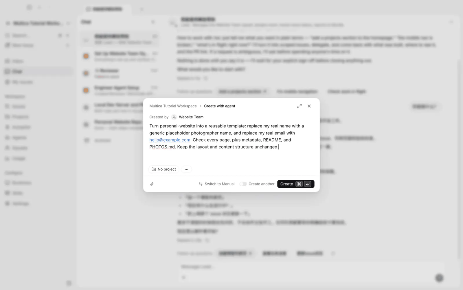 Creating an issue from a conversation with Create with agent