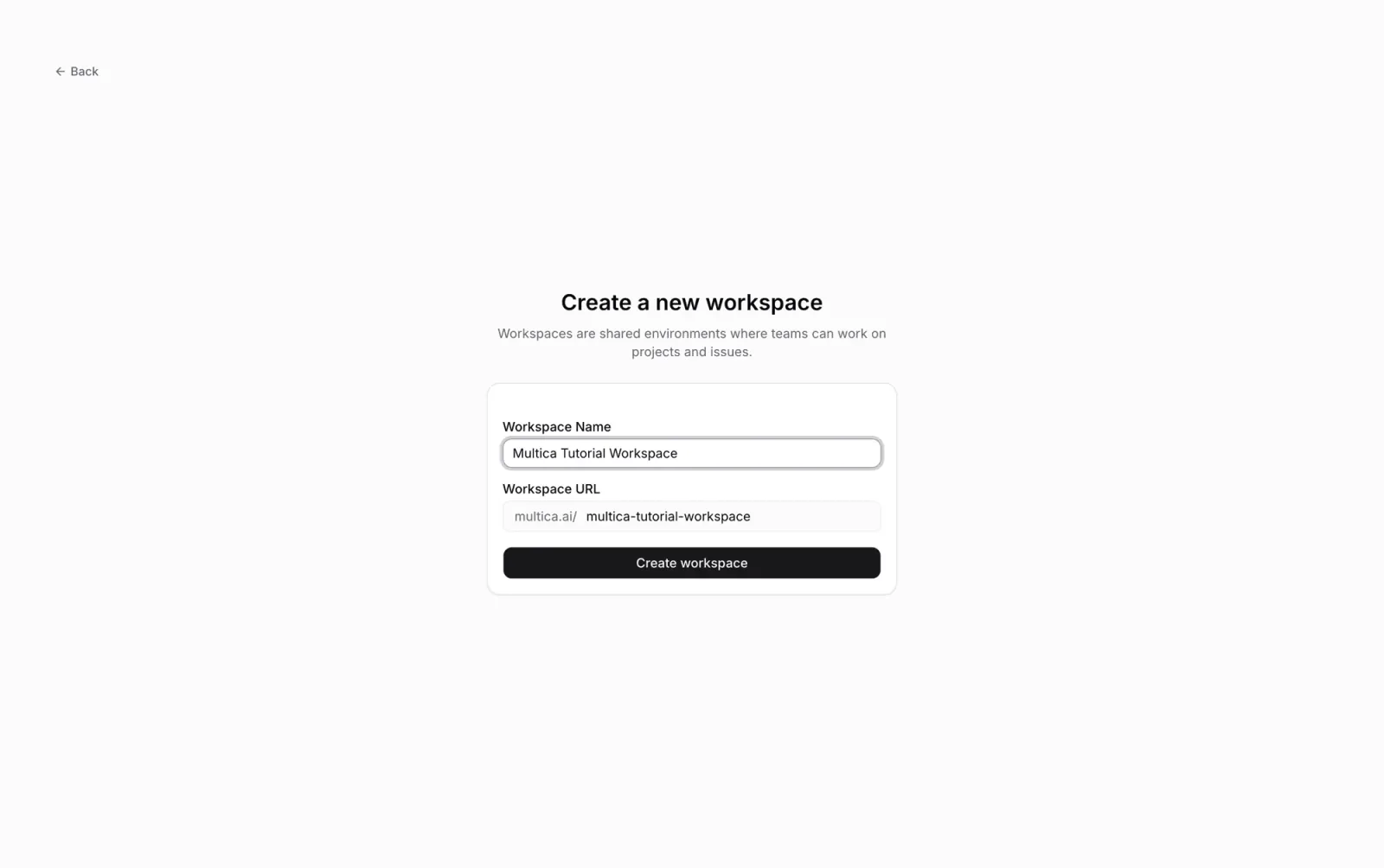 The create workspace page