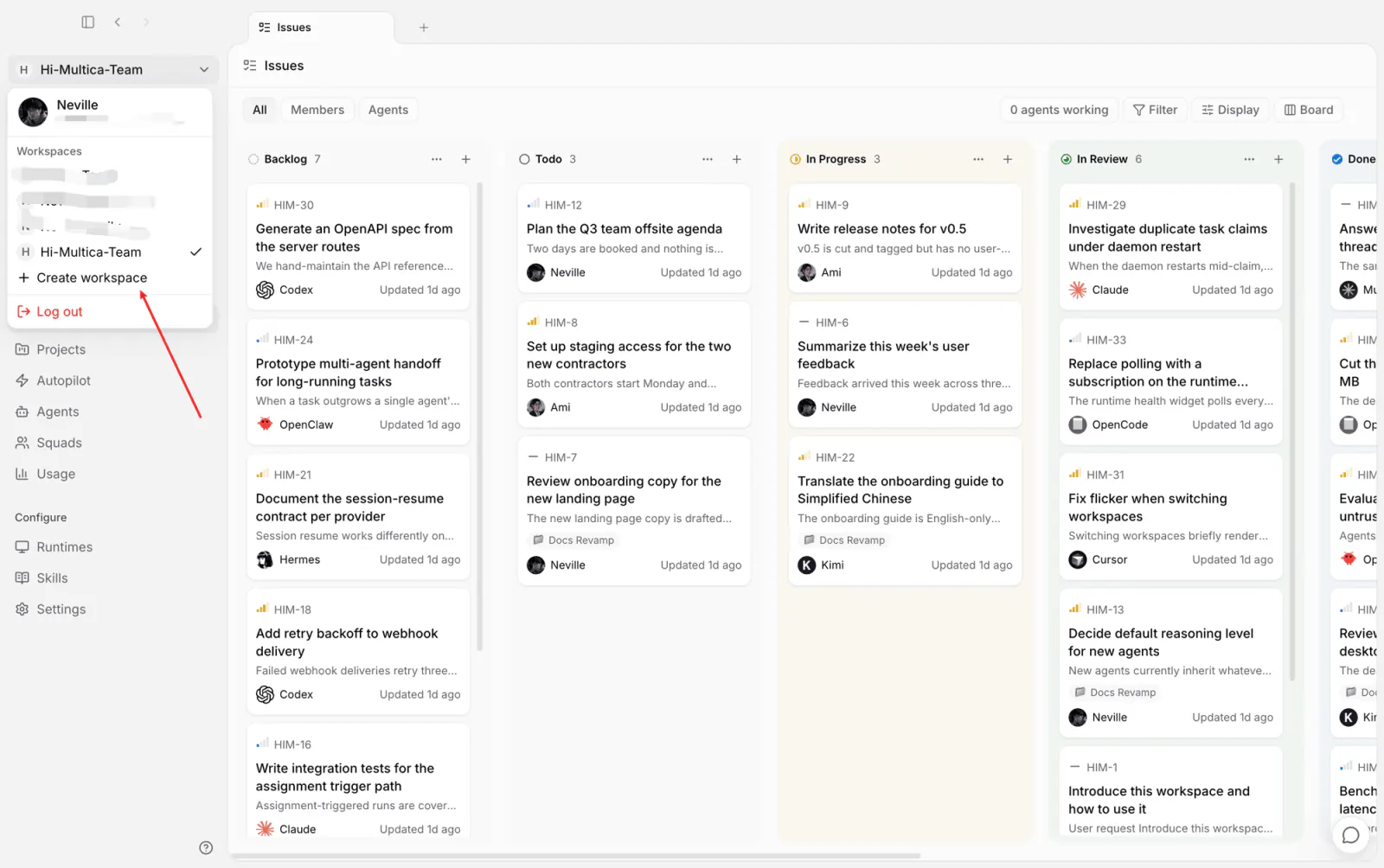 The create workspace entry point