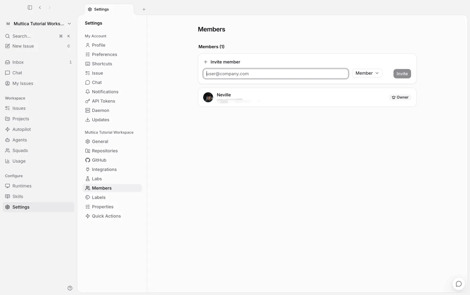 Inviting a member to the workspace by email