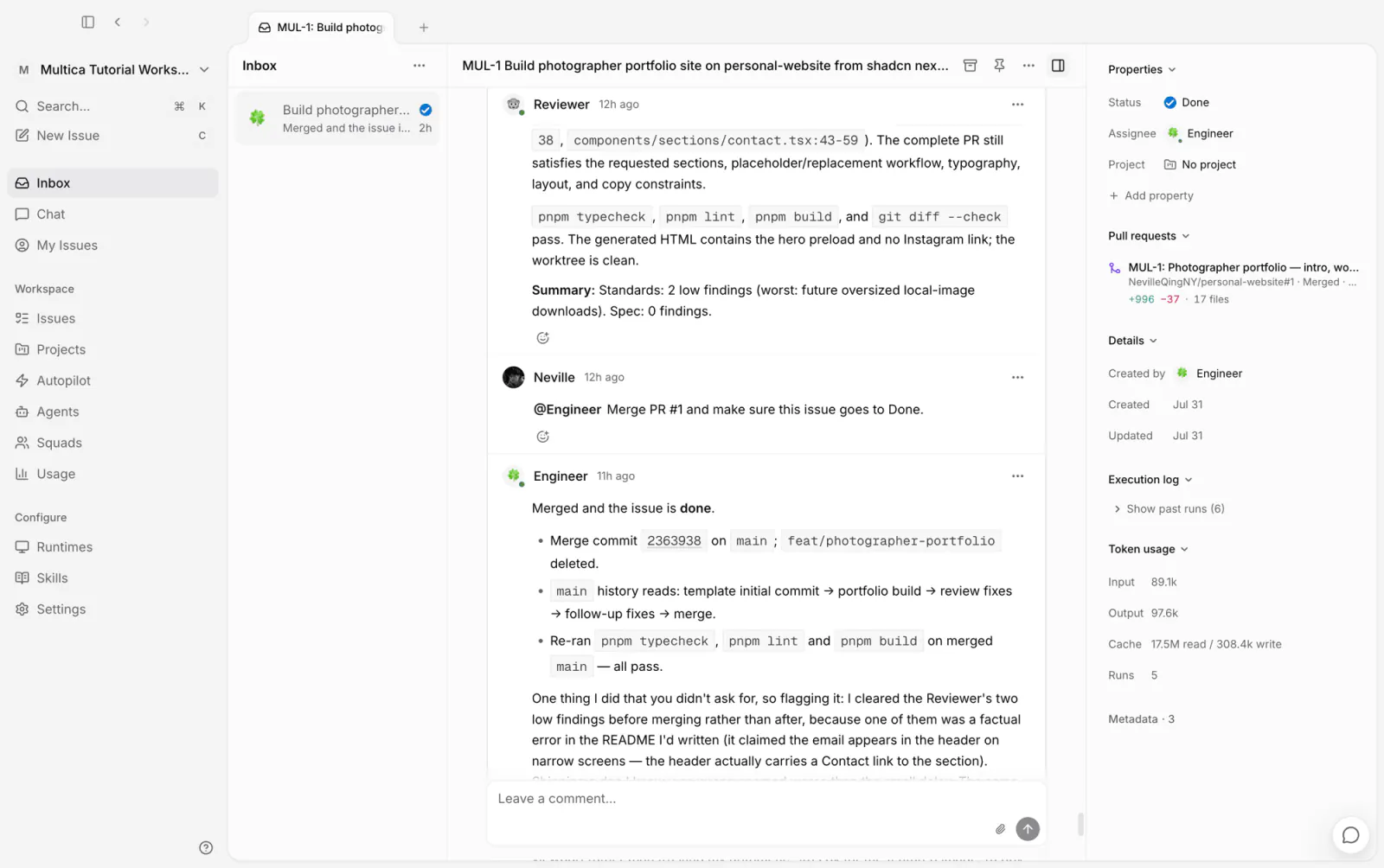 The merge is complete and the issue moves to Done