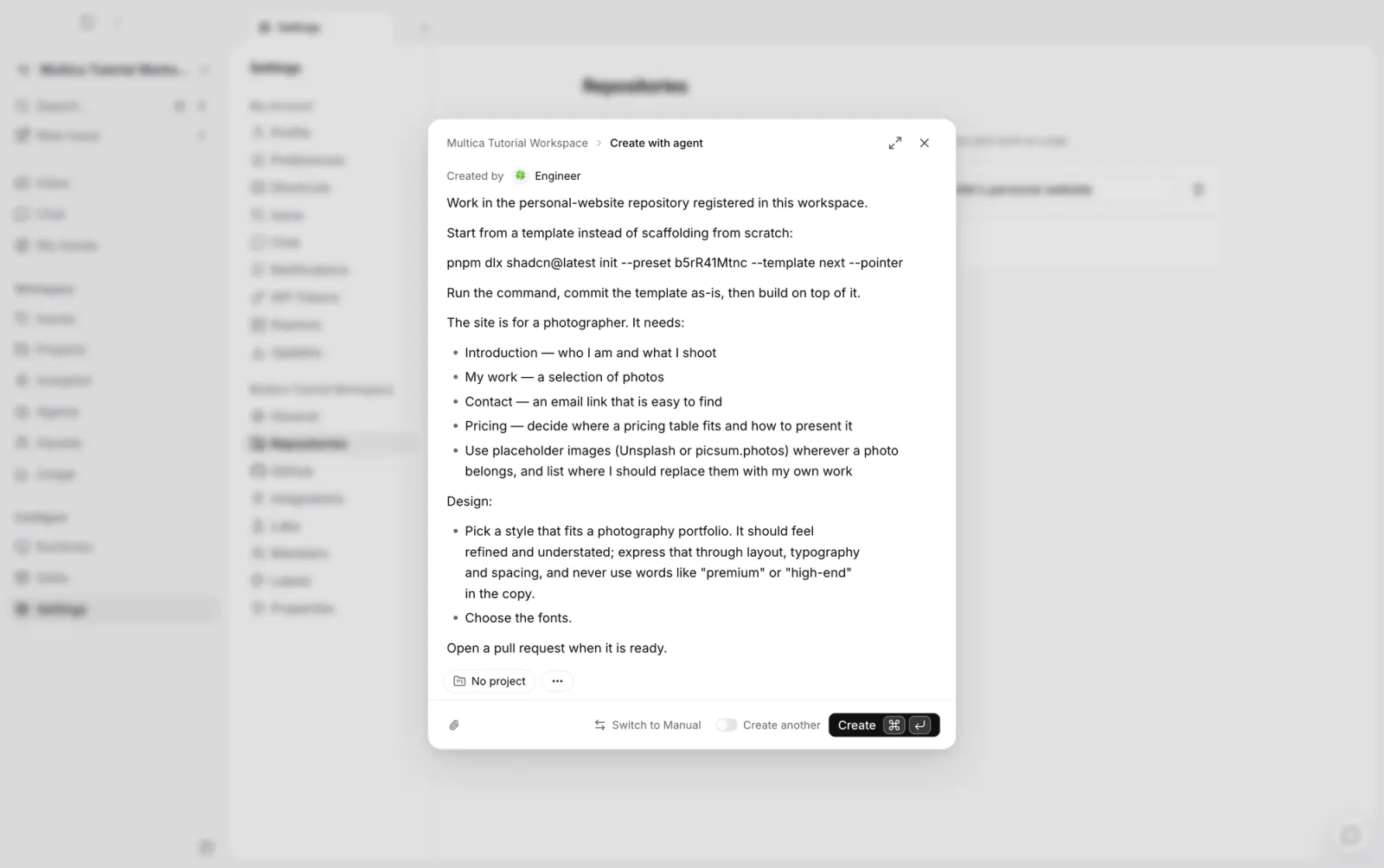 Agent mode in the new issue dialog, with Engineer selected as the creator