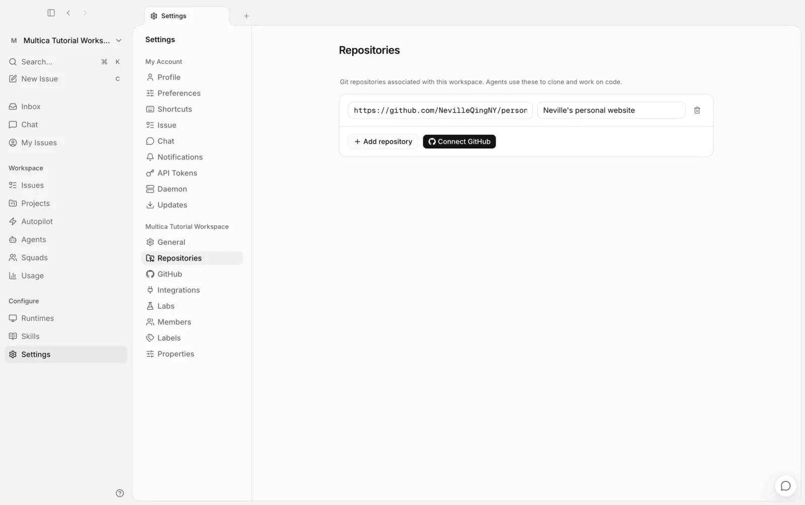 The repository list in settings
