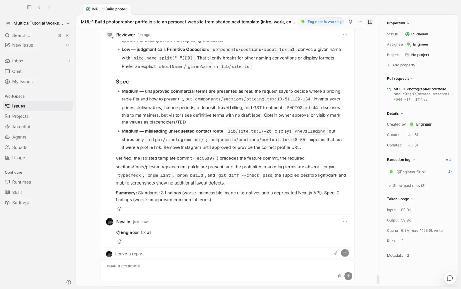 Reviewer's findings, with @Engineer picking up the fixes