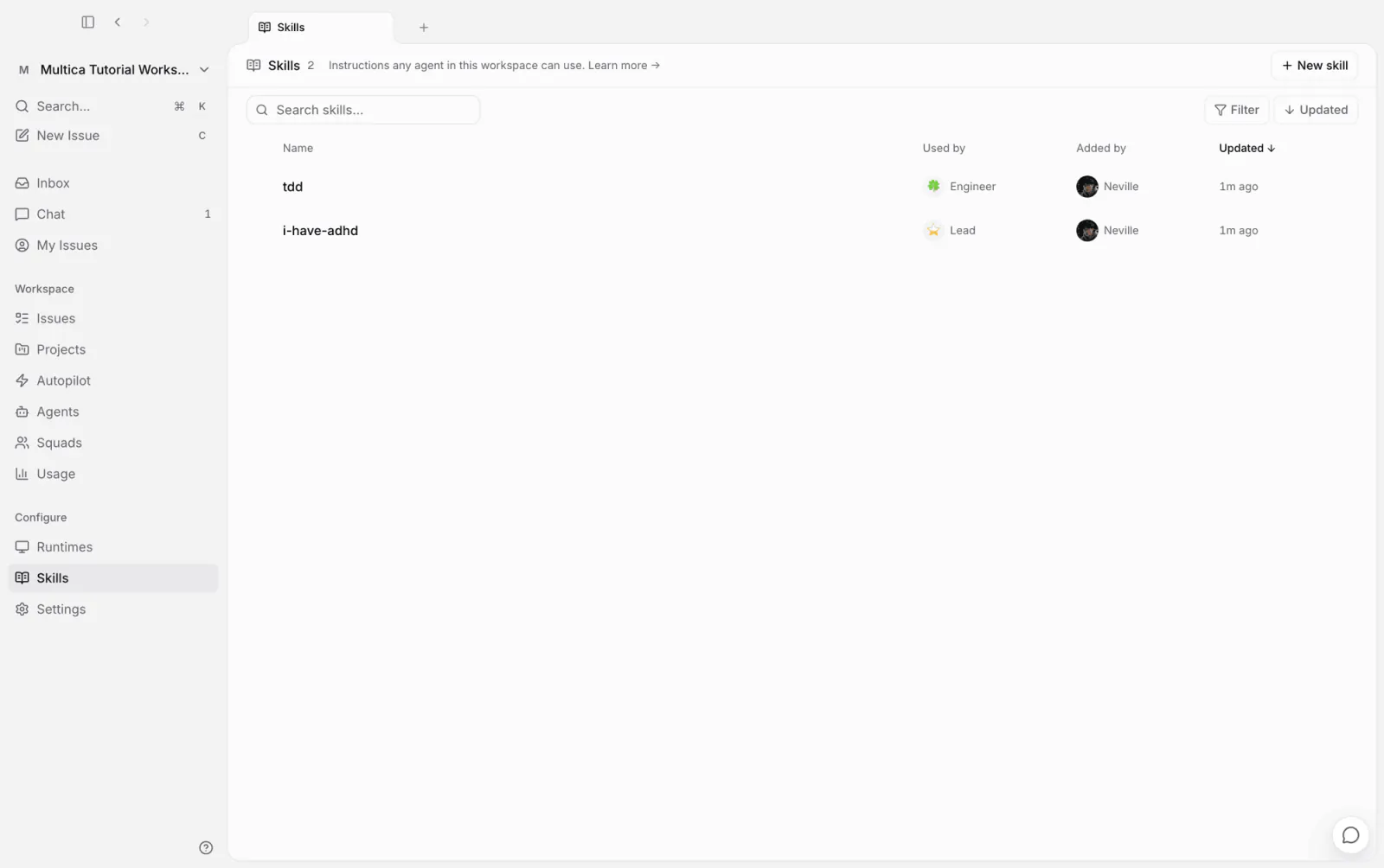 The workspace Skills page