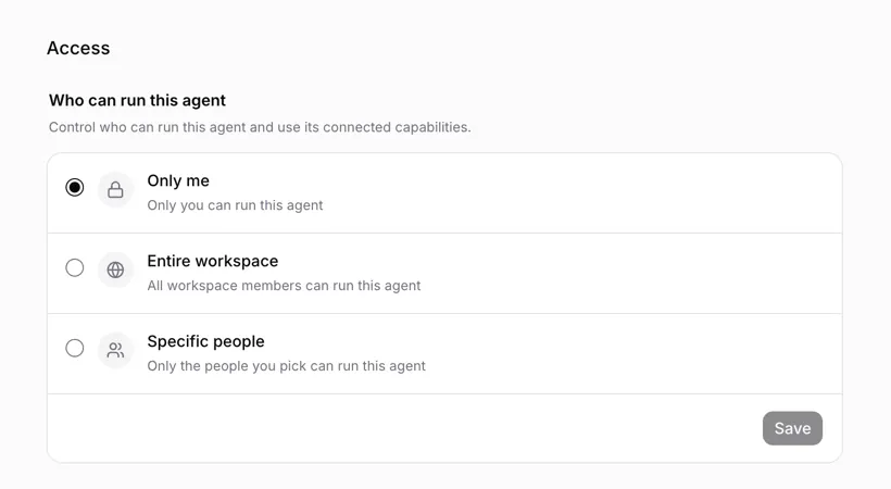 Access settings: Only me, Entire workspace, Specific people