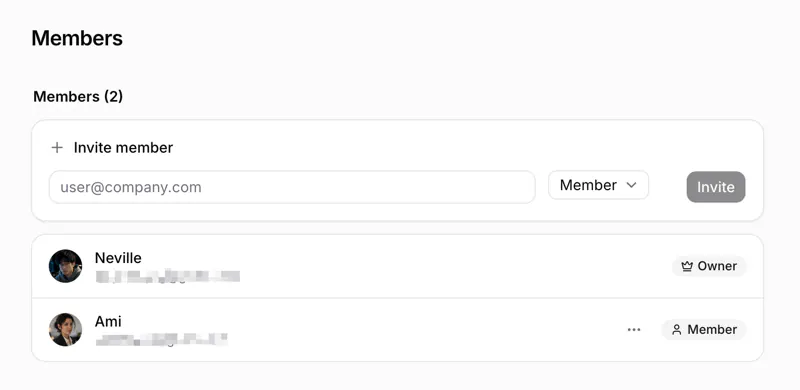 Member management: the invite form and the roster with roles