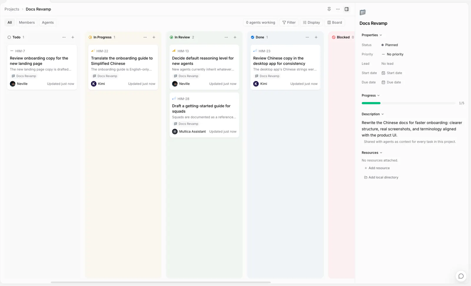 Project detail: issues grouped by status, progress, and the project description
