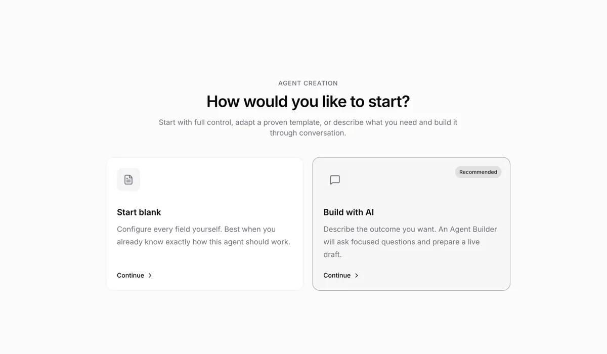 Agent creation starting-point picker: Start blank and Build with AI