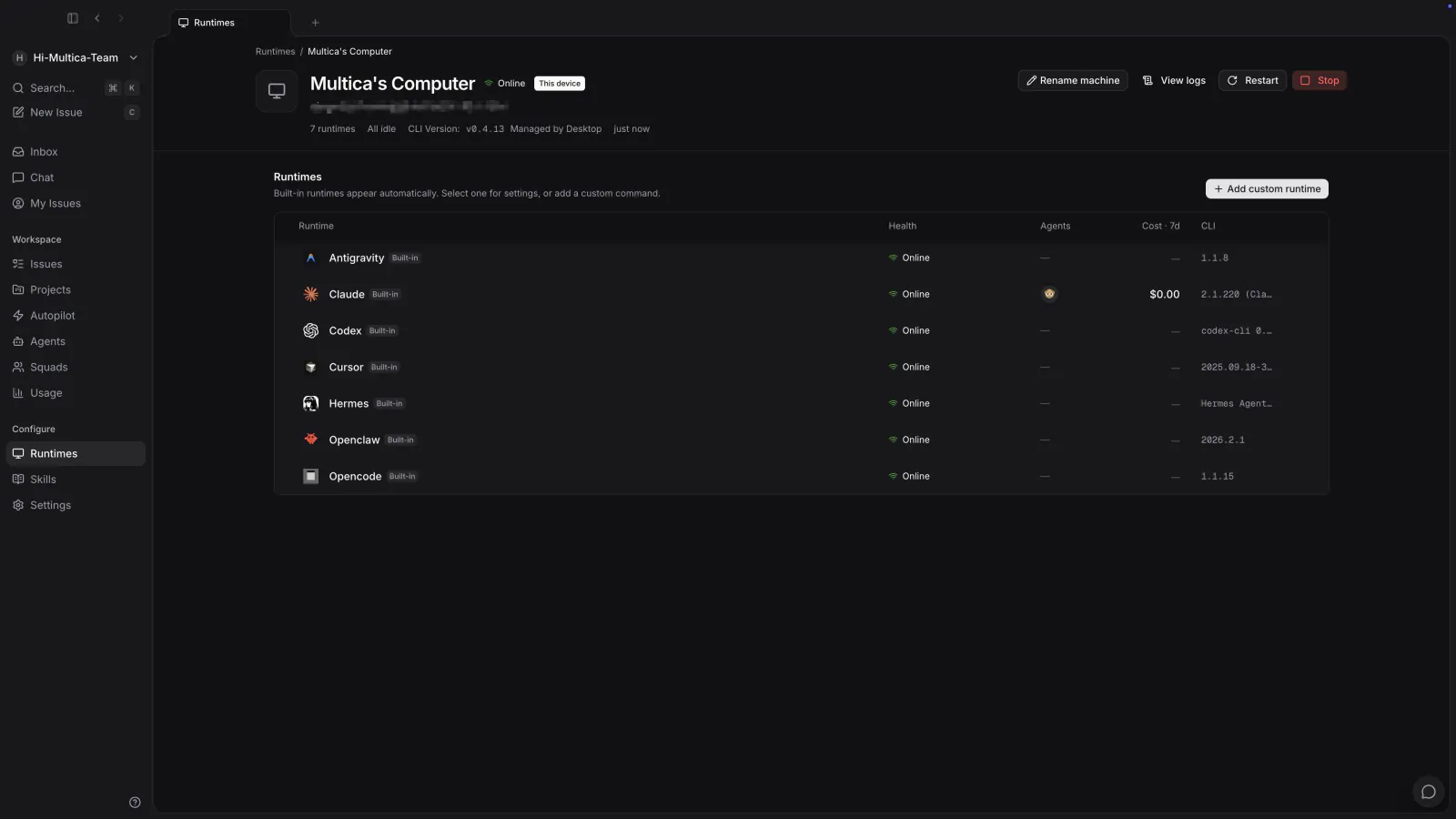 Runtime details for one online computer: the same daemon registered 7 runtimes, one row per detected AI coding tool, each showing online status and CLI version