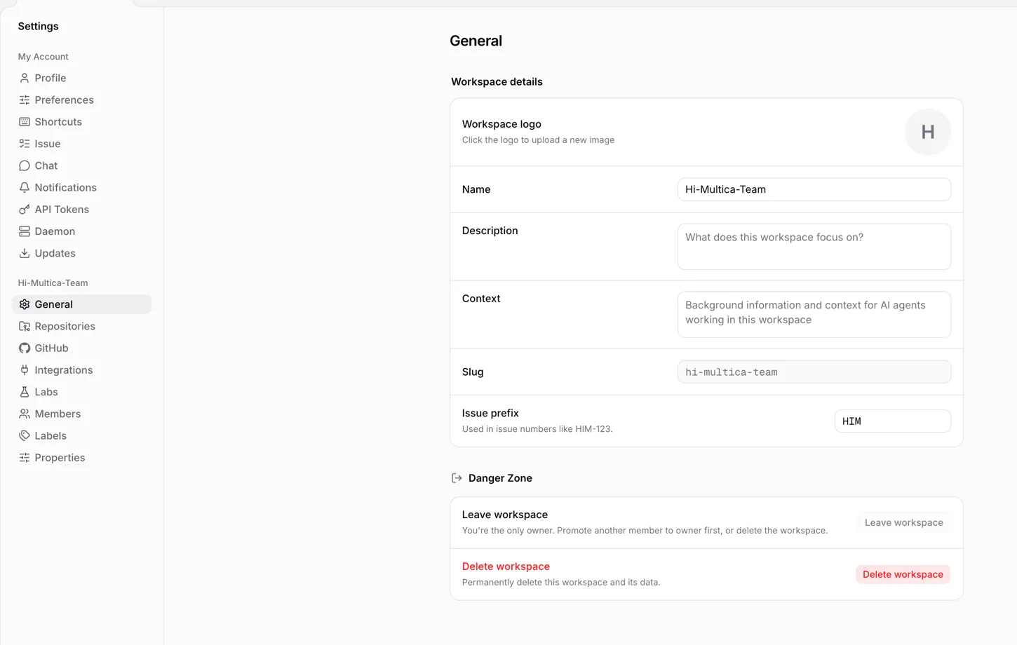 Workspace settings: name, context, slug, issue prefix, and the danger zone